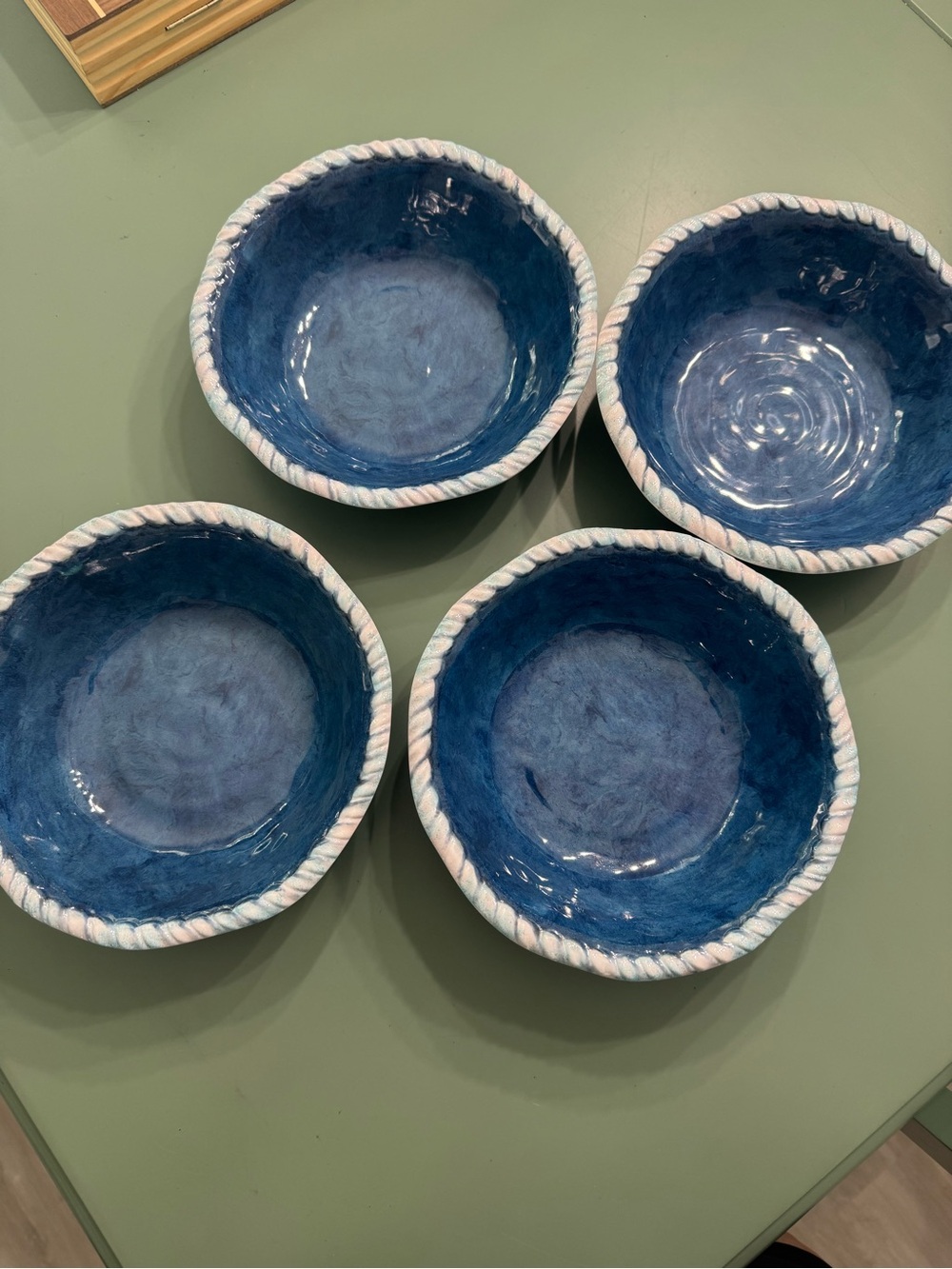 Coastal Blue Ceramic Rope-Trim Bowls - Set of 4